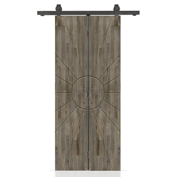 CALHOME Sun 34 in. x 84 in. Hollow Core Weather Gray Stained Pine Wood Bi-Fold Door with Sliding Hardware Kit