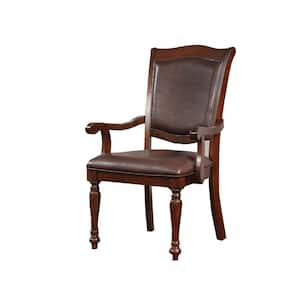 39 in. H Cherry Brown Wooden Arm Chair with Leather Upholstery (Set Of 2)