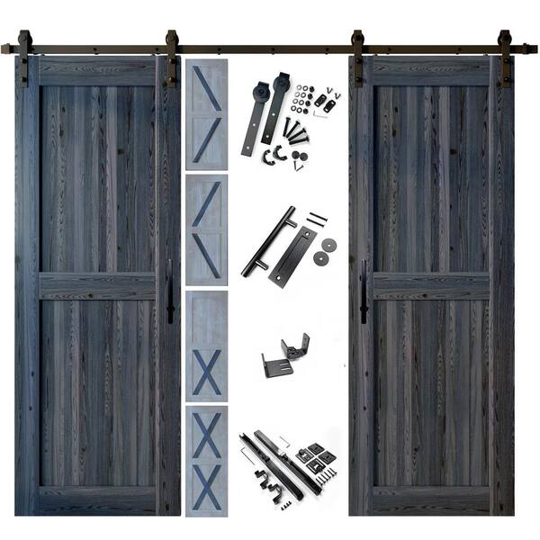 HOMACER 40 in. x 80 in. 5 in. 1 Design Navy Double Pine Wood Interior Sliding Barn Door Hardware Kit, Non-Bypass