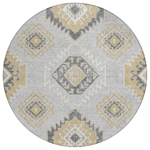 Chantille Machine Washable Indoor/Outdoor Abstract ACN3011 Silver 8 ft. x 8 ft. Round Rug
