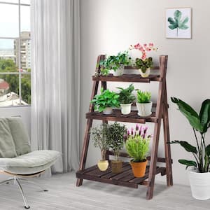 37 in. Tall Folding Indoor Outdoor Dark Brown Fir Wood Plant Stand (3-Tiered)