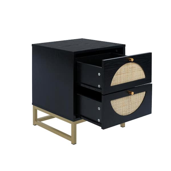 Unbranded 15.75 in. W x 15.75 in. D x 20.95 in. H Natural Rattan Black Linen Cabinet with 2-Drawer Nightstand