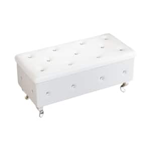 White Faux Leather Rectangular Storage Ottoman Bench Hinged Lid Footstool, Tufted Upholstered Bench with Crystal Button