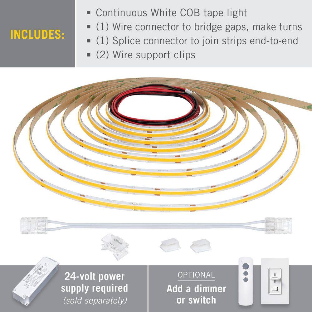 16 ft White COB LED Strip Light Tape with 4000K Bright White