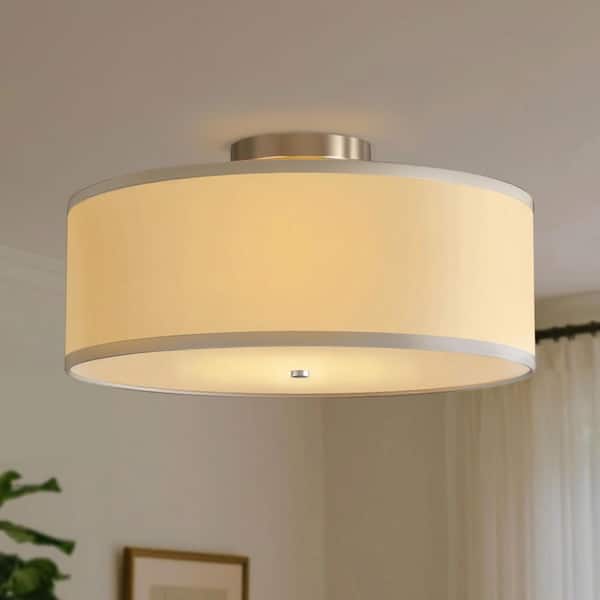 16 in. 2-Light Drum White Semi Flush Mount Ceiling Light with Fabric and Acrylic Shade for Living Room, Hallway, Bedroom