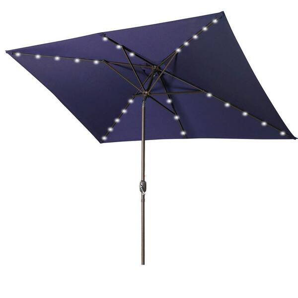 cenadinz Waterproof Rectangular Patio Umbrella & Solar Lights 6.5 ft. x 10 ft. 26 LED lights Push Button Tilt Crank in NAVY BLUE