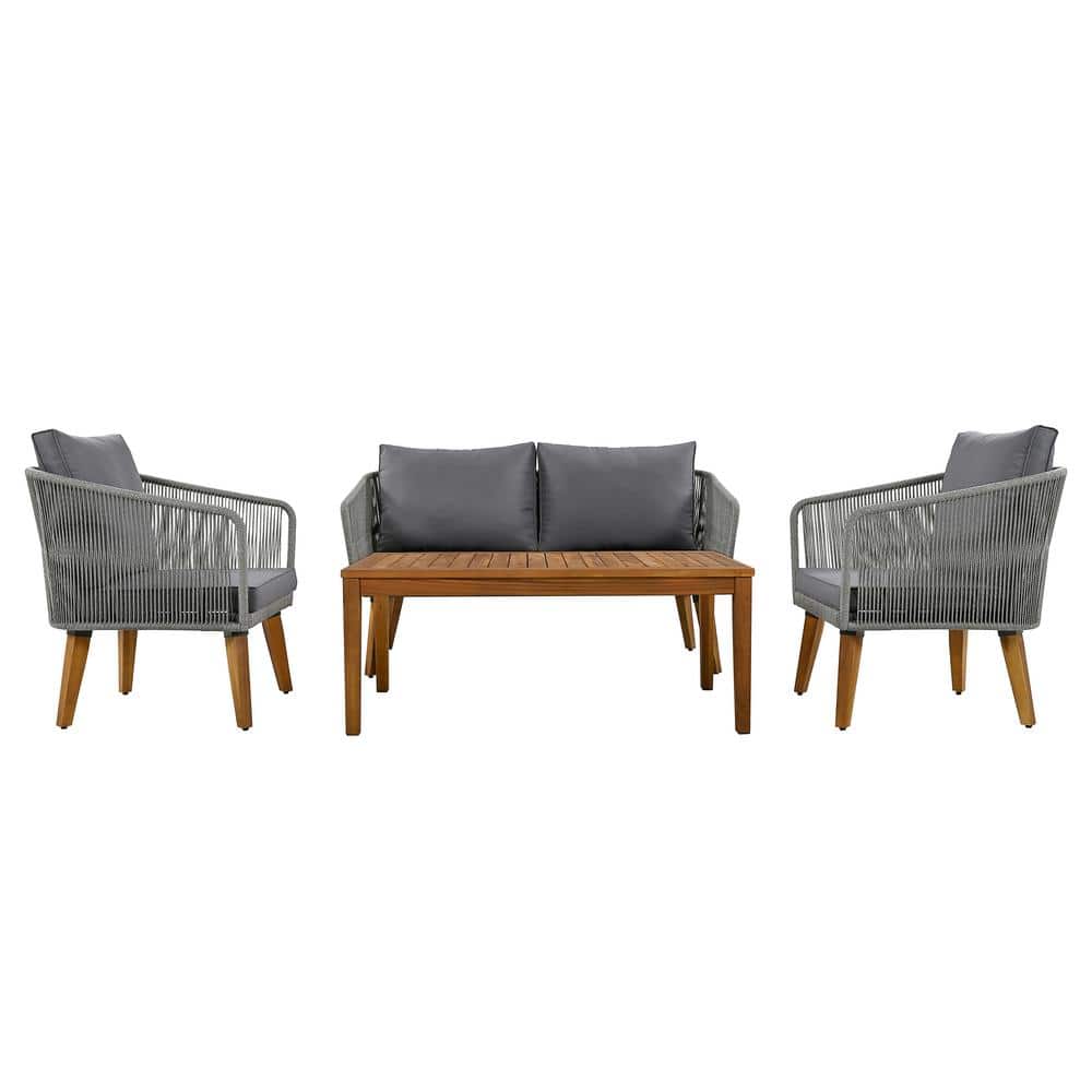 4-Piece Grey Rope Solid Wood Patio Outdoor Conversation Set with Dark Grey 