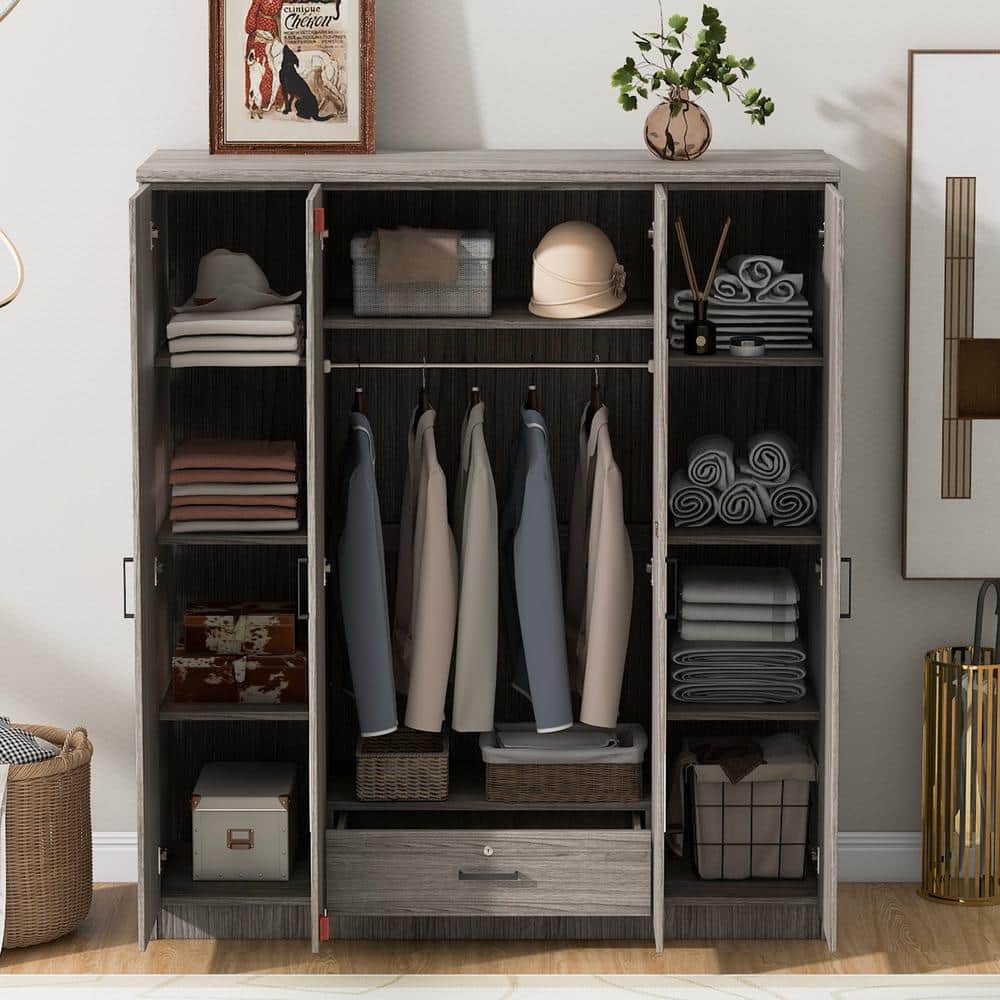 Nestfair Gray Wood 59.2 in. 4-Door Wardrobe with Shelves, Drawer