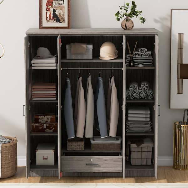 Gray Wood 59.2 in. 4-Door Wardrobe with Shelves, Drawer and Mirror