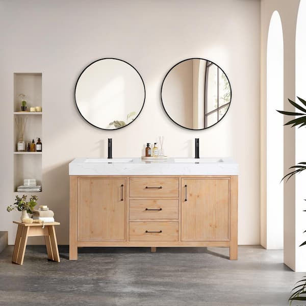 León 60 in.W x 22 in.D x 34 in.H Double Sink Bath Vanity in Fir Wood Brown with White Composite Stone Top