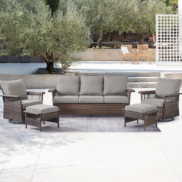 moosprr Seagull 5-Piece Brown Wicker Patio Conversation Set with Gray Cushions and Patio Swivel Chairs/Couch
