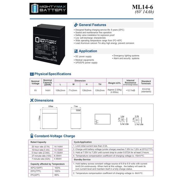 MIGHTY MAX BATTERY 6V 14Ah AGM Fast-on Terminal, Replacement
