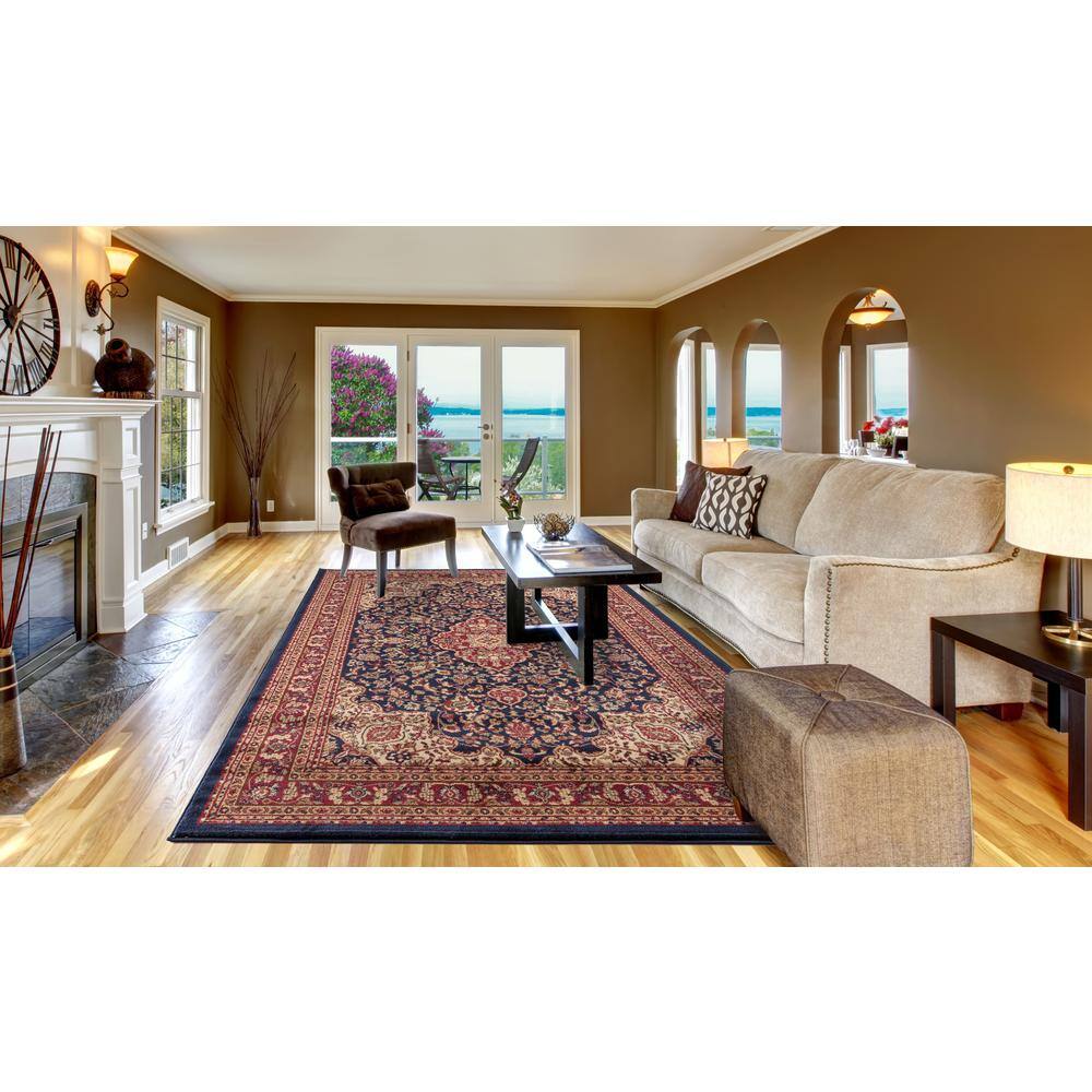 Navy and Red Traditional Synthetic Medium Pile Area Rug
