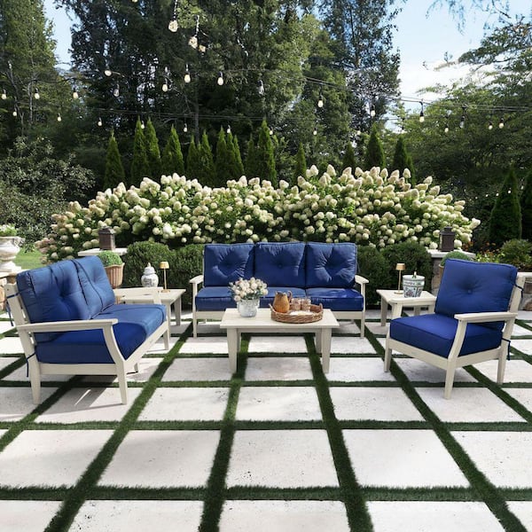 Lehigh Whitewash 6-Piece Grand Deep Seating Patio Conversation Set with Sunbrella Spectrum Indigo Cushions