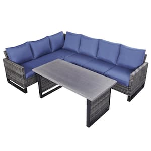 3-Piece Rattan Gray Wicker Patio Conversation Outdoor Seating Set with Blue Cushions