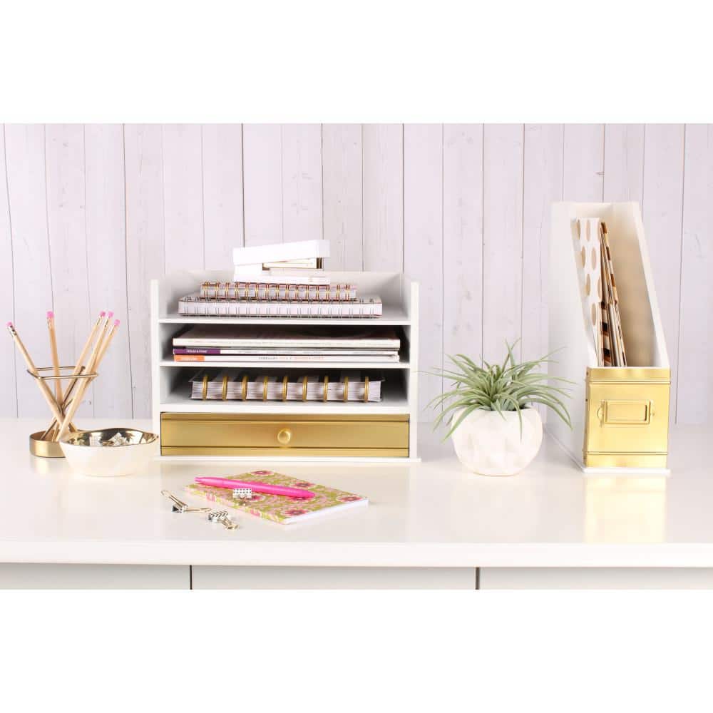 White and Gold Wood Letter Tray with Drawer