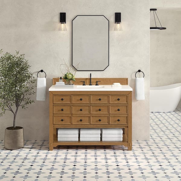 James Martin Vanities Malibu 48.0 in. W x 23.5 in. D x 35.98 in. H Single Bath Vanity in Amber Birch with White Zeus Quartz Top