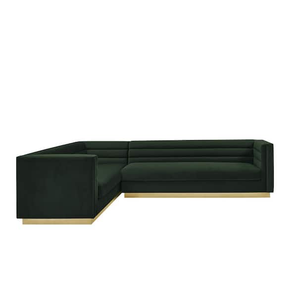 Inspired Home Annemarie 85in Width Square Arm Style Upholstered Velvet Tufted L Shaped Sofa in Hunter Green
