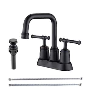 4 in. Centerset Double-Handle High-Arc Bathroom Faucet with Drain and Supply Lines Included in Matte Black