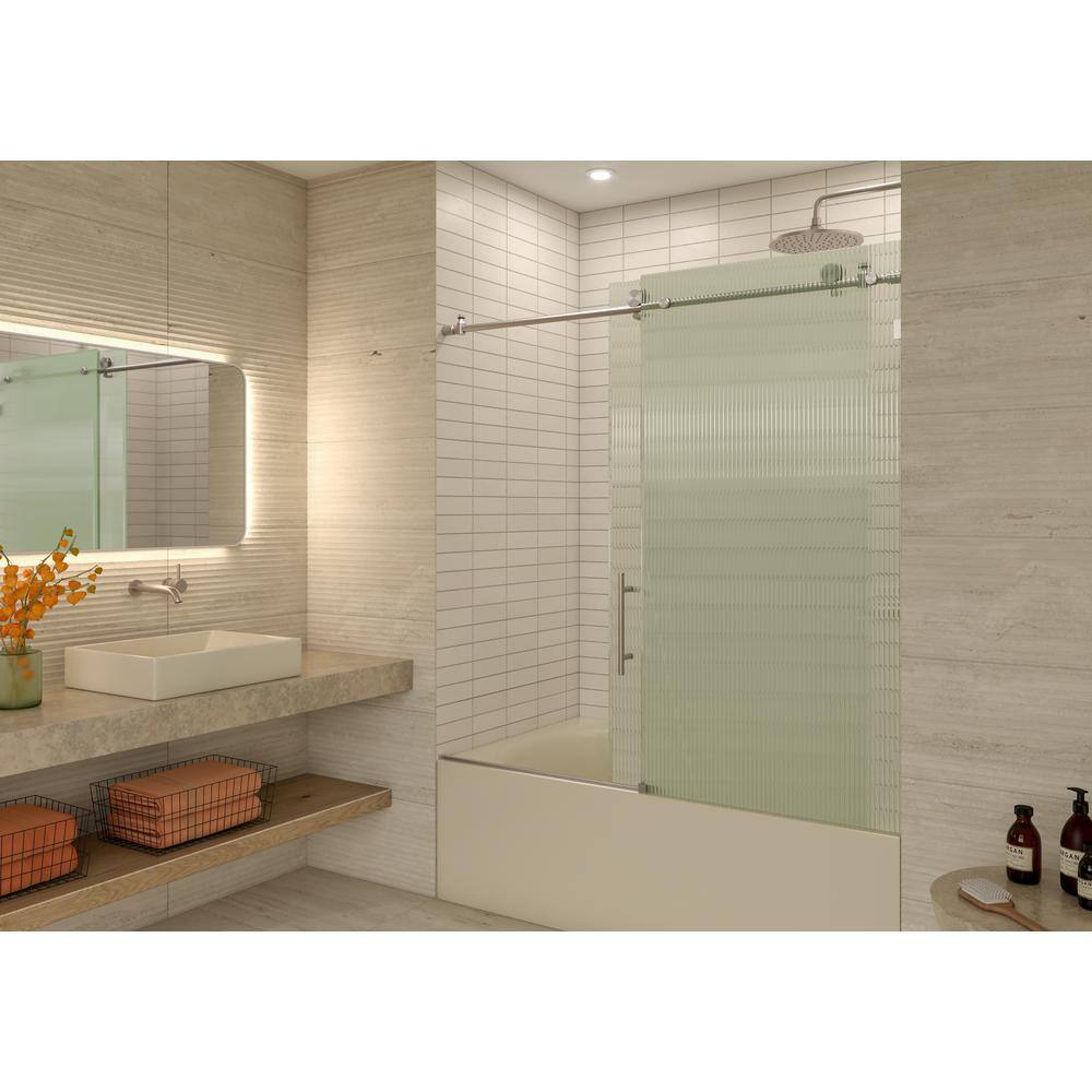Galaxy 60" Frameless Fluted Glass Sliding Bathtub Door in Brushed Nickel