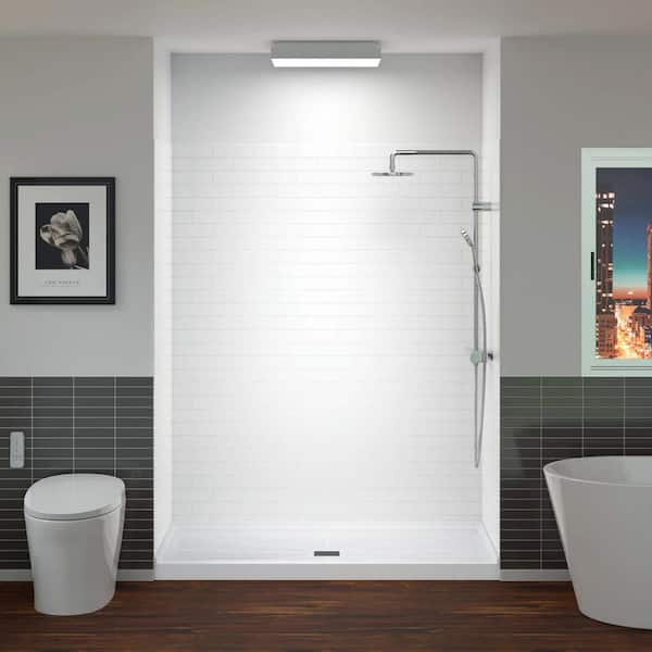 60 in. L x 36 in. W x 75 in. H 4-Pieces Alcove Shower Kit with Glue Up Shower Wall and Shower Pan in White and White/MB
