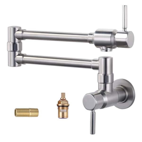 WOWOW Solid Brass Wall Mounted Pot Filler Faucet with Double Joint Swing Arms, Commercial Kitchen Pot Faucet in Brushed Nickel