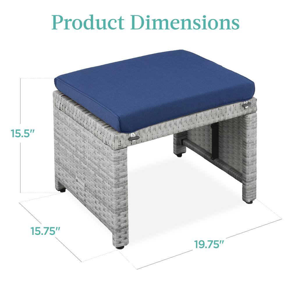Coastal Gray & Navy Wicker Patio Ottomans with Cushions - Set of 2