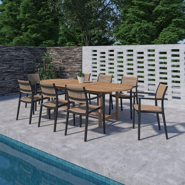 Kaiji 9-Piece Solid Teak Wood 100% FSC Oval Patio Dining Set Black