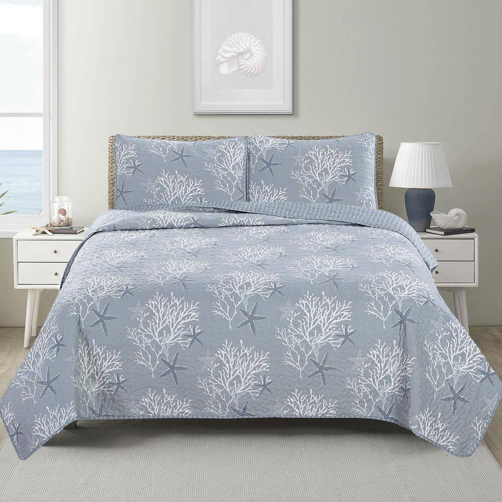 Pearl Blue Coastal King Microfiber Reversible Quilt Set