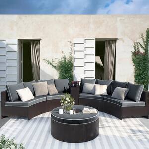 Brown 6-Piece Wicker Patio Conversation Set with Gray Cushions, 2 Multipurpose Tables