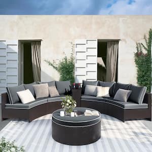 Brown 6-Piece Wicker Patio Conversation Set with Gray Cushions, 2 Multipurpose Tables