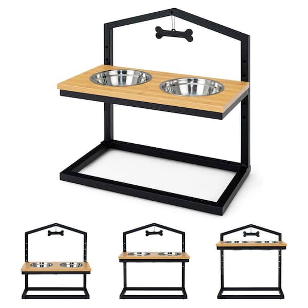 FORCLOVER 5 Heights Elevated Pet Feeder with 2 Detachable Stainless Steel Bowl in Natural