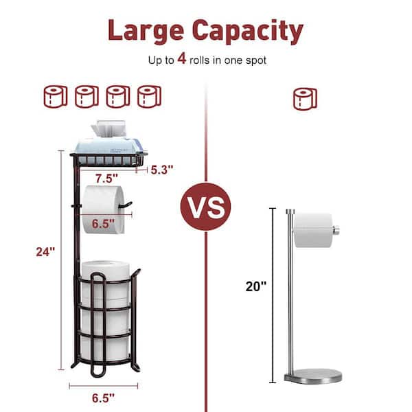 Free-Standing Toilet Paper Holder Stand with Storage Shelf in Bronze, Holds Reserve Mega Rolls for Restroom Vanity