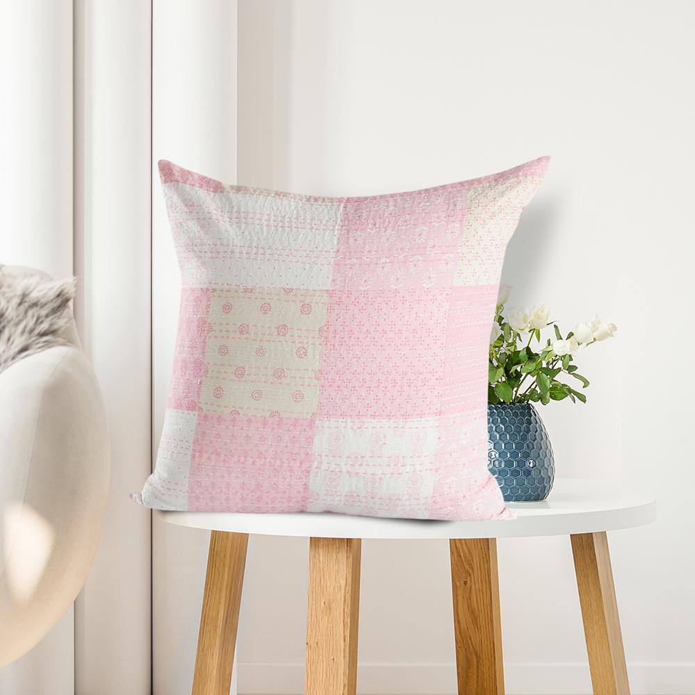 Light Pink and Cream Cotton Patchwork Throw Pillow