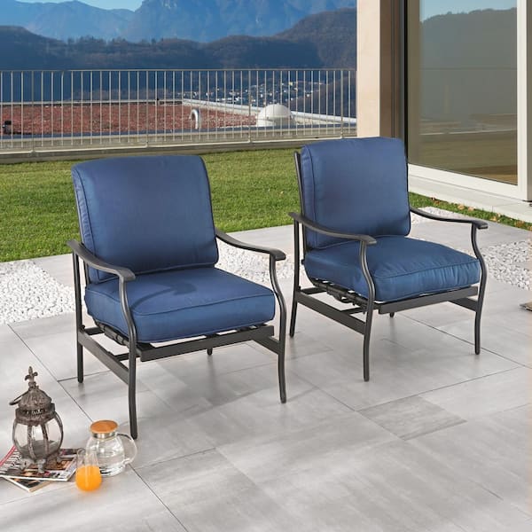 TOP HOME SPACE Metal Cushioned Outdoor Rocking Chairs with Blue Cushion (Set of 2)