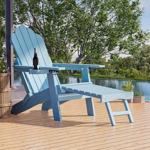Lake Blue Folding Adirondack Chair with Retractable Ottoman, HIPS Adirondack Chair with Cup Holder (Set of 1)