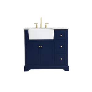 Simply Living 36 in. W x 22 in. D x 34.75 in. H Bath Vanity in Blue with Carrara White Marble Top