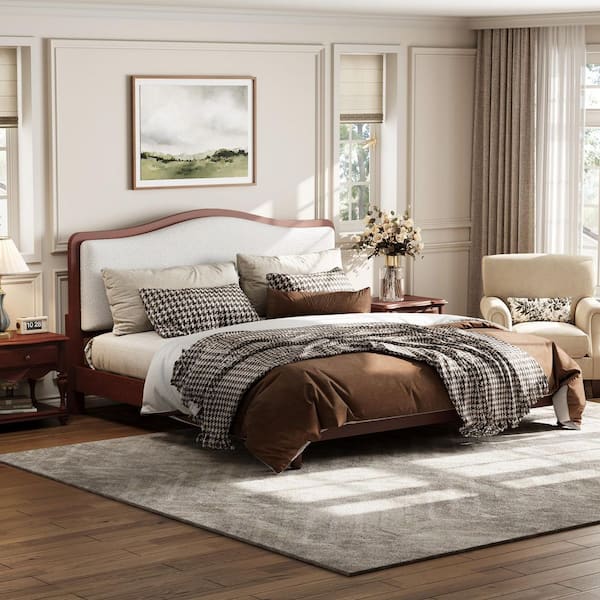 Orton Modern Espresso Brown Wood Frame Queen Size Platform Bed with White Fabric Upholstered Curved Headboard