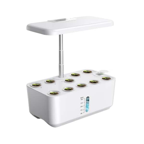 10-Pod Indoor Plastic Hydroponics Growing System with LED Grow Light, Adjustable Height and Water Level Window, White