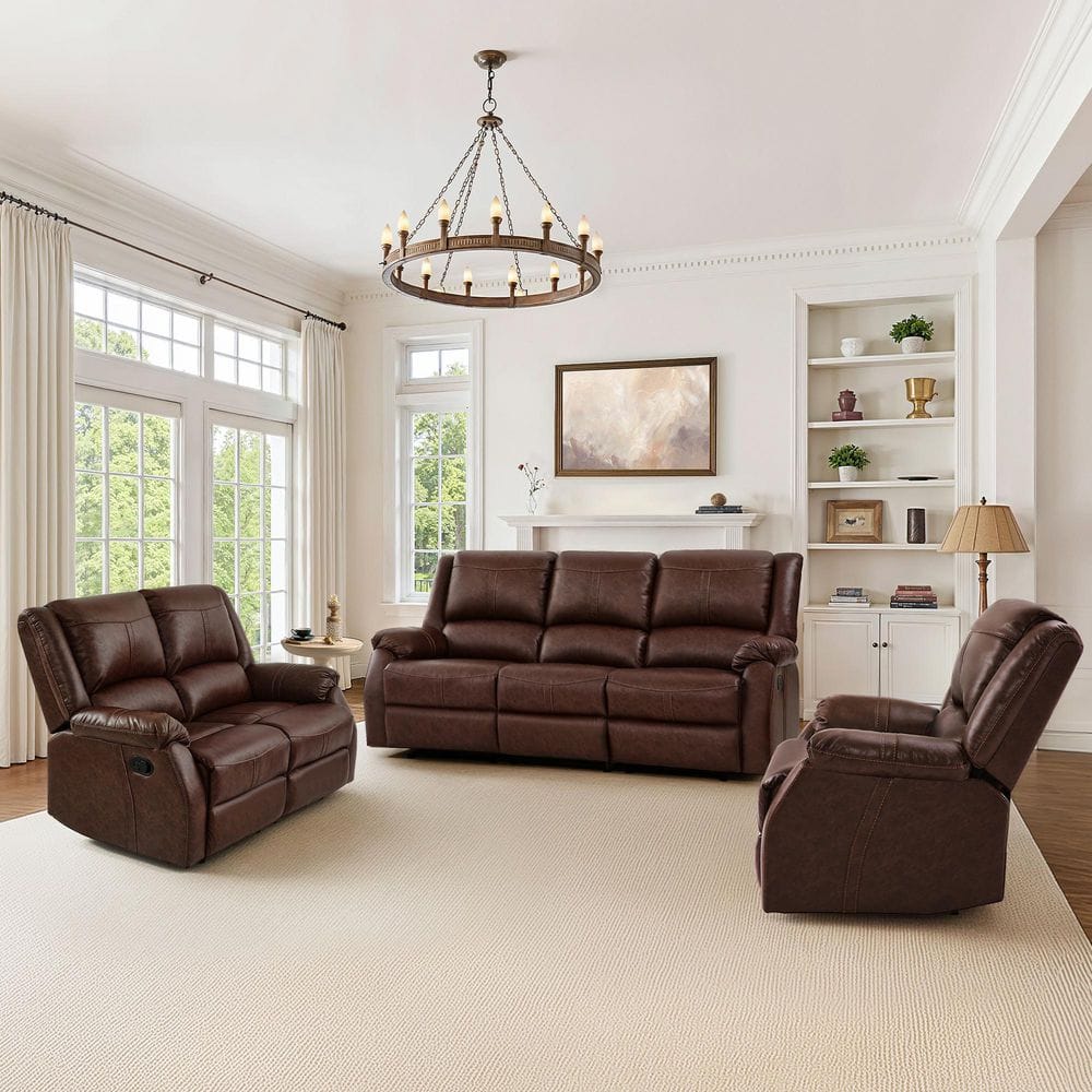 Jake 80.7 in. W Brown 3-Piece Leather Upholstered Rectangle  Push Back Recliner Sofa, Loveseat and Chair with Rolled Arm