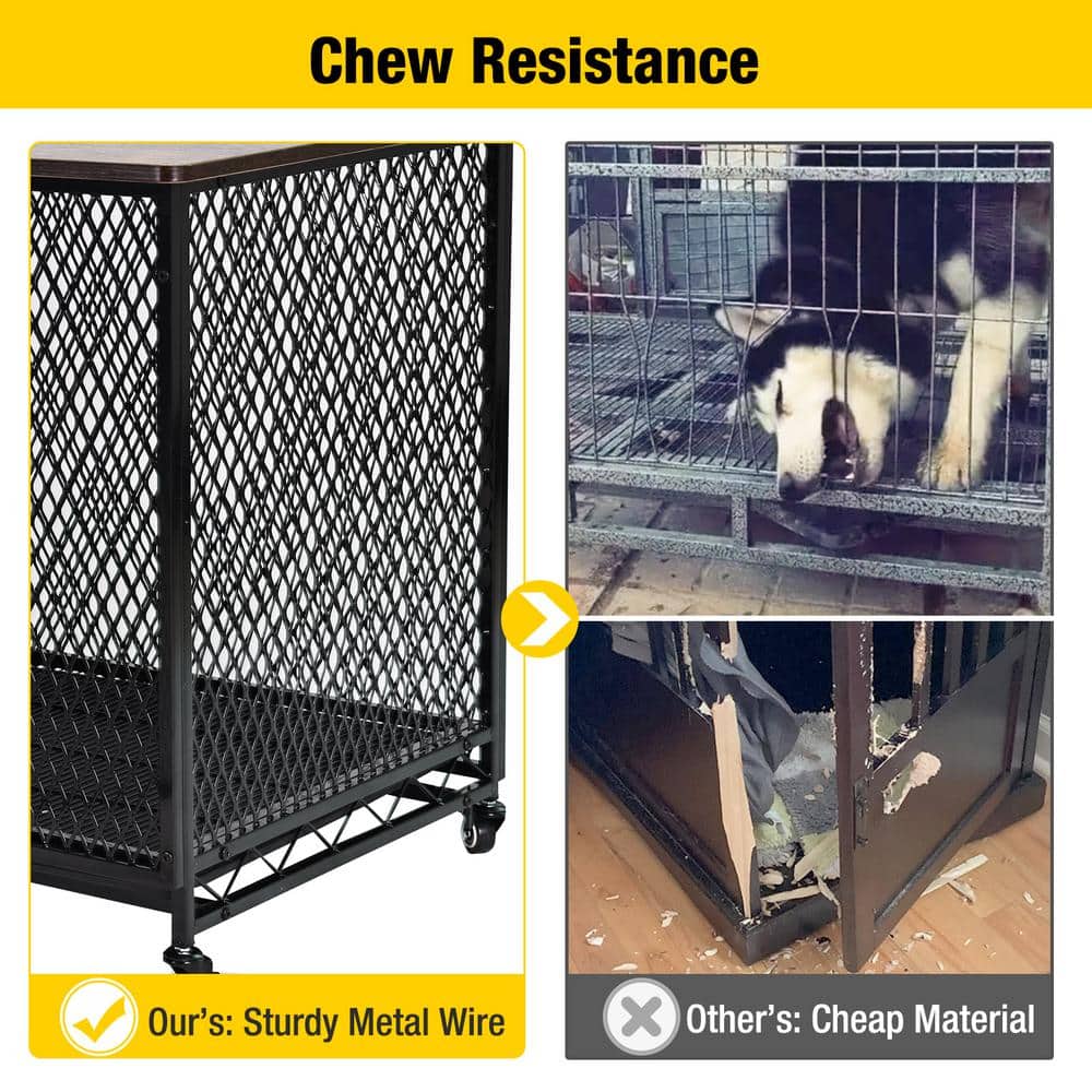 Large Black Metal Dog Crate Table with Casters