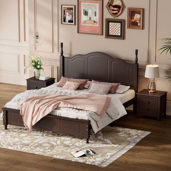 3-Piece Walnut Wood Queen Bedroom Sets Queen Size Platform Bed