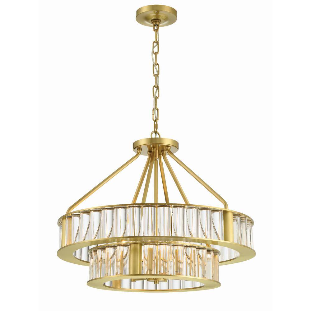 Aged Brass and Crystal 6-Light Two-Tier Chandelier