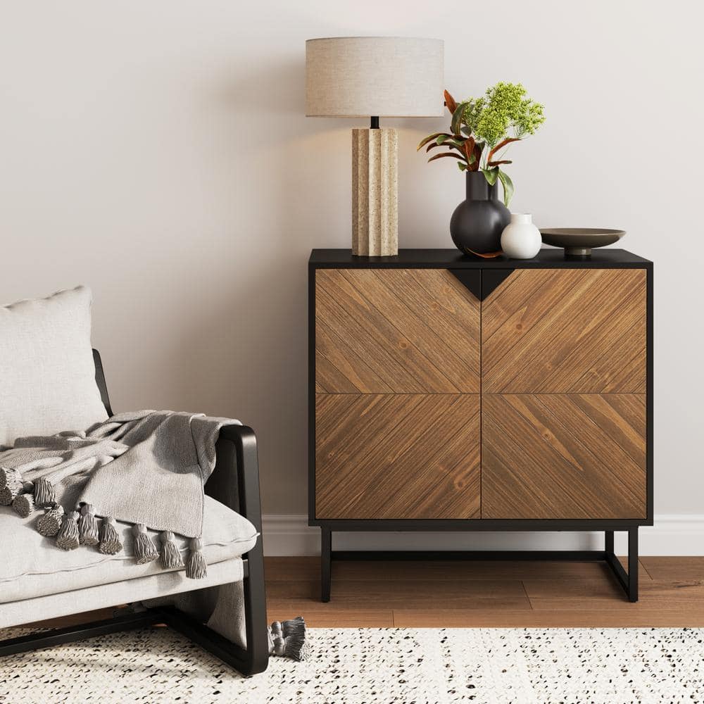 Matte Black and Brushed Fir Freestanding Storage Cabinet