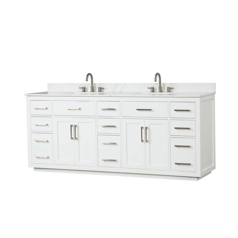 84 White Modern Bathroom Vanity with Double Sink, White Quartz Top, Solid W