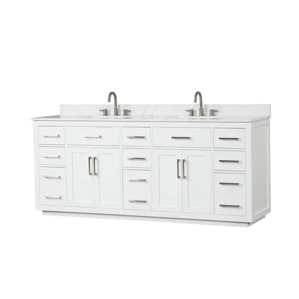 Aoibox 84 White Modern Bathroom Vanity with Double Sink, White Quartz Top, Solid Wood Cabinet,9 Drawers, Countertop, Backsplash