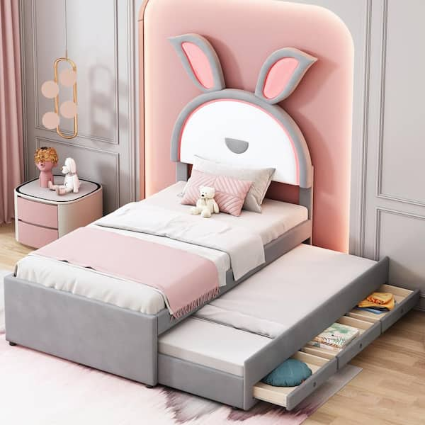 Harper & Bright Designs Wood Frame Velvet and PU Leather Upholstered Platform Bed with Rabbit Ears, 3 Drawers, Twin Trundle, LED Lights