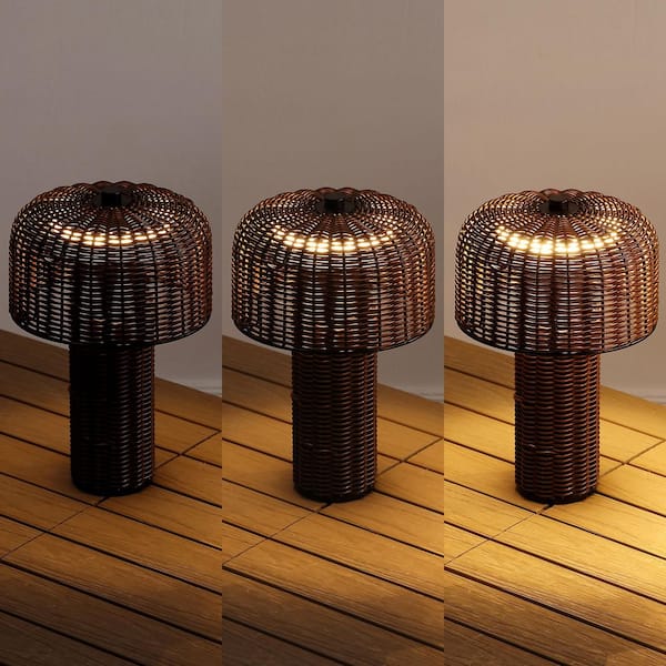 Mia 10 in. Indoor/Outdoor Faux Wicker Rechargeable Dimmable Integrated LED Table Lamp, Dark Brown/Black (Set of 2)