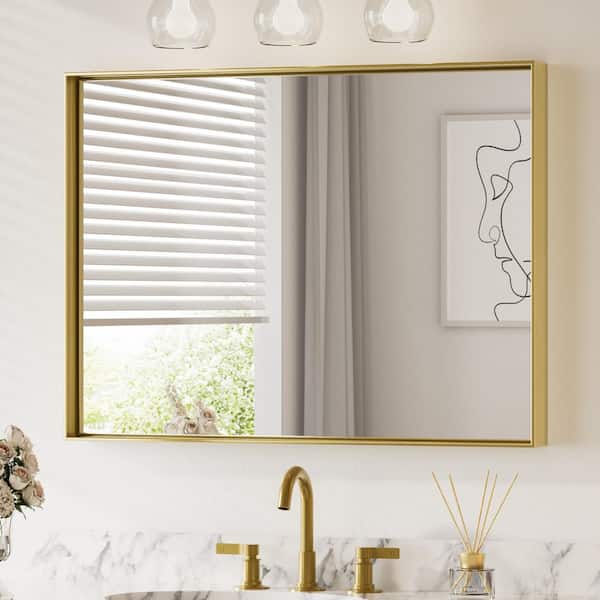 KeonJinn 40 in. W x 30 in. H Framed Brushed Gold Mirrors for Bathroom Wall Square Corner Bathroom Vanity Mirror Over Sink