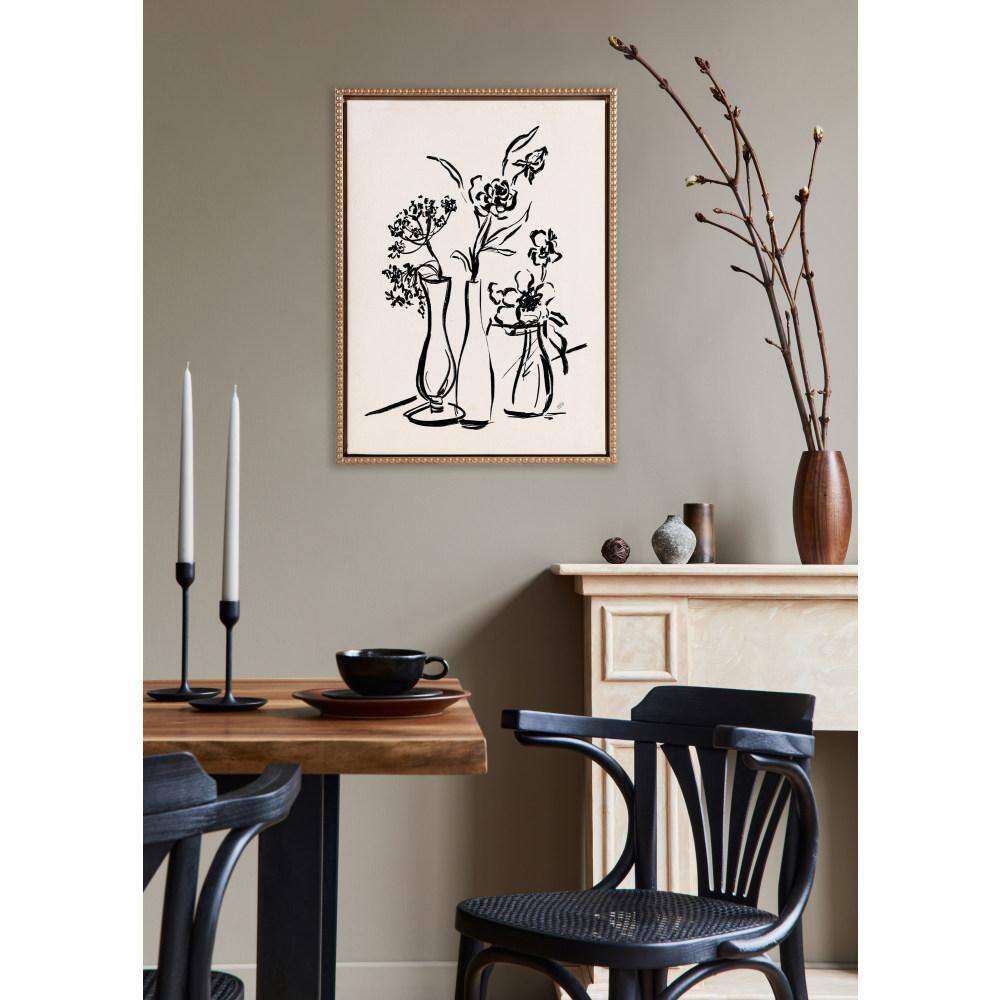 18x24 Gold Beaded Frame Black Floral Sketch Canvas Art